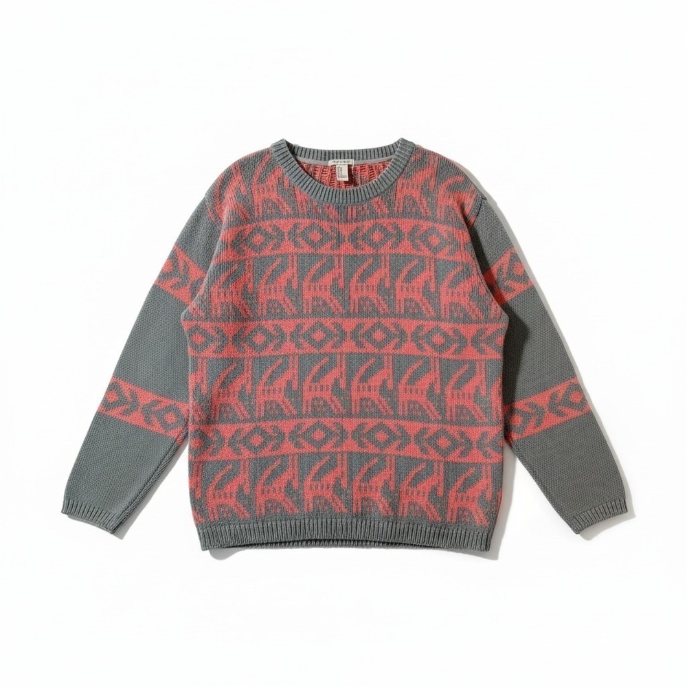 Forever 21 Southwest Aztec Animal Crew Neck Cotton Blend Gray Pink Sweater Sz M